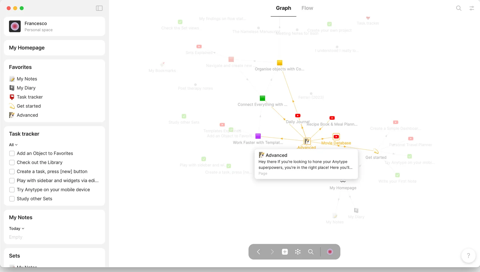Anytype showing the objects in a personal space as a graph, with one object selected and its preview shown, and sidebar widgets for favorites, a task tracker, notes and sets