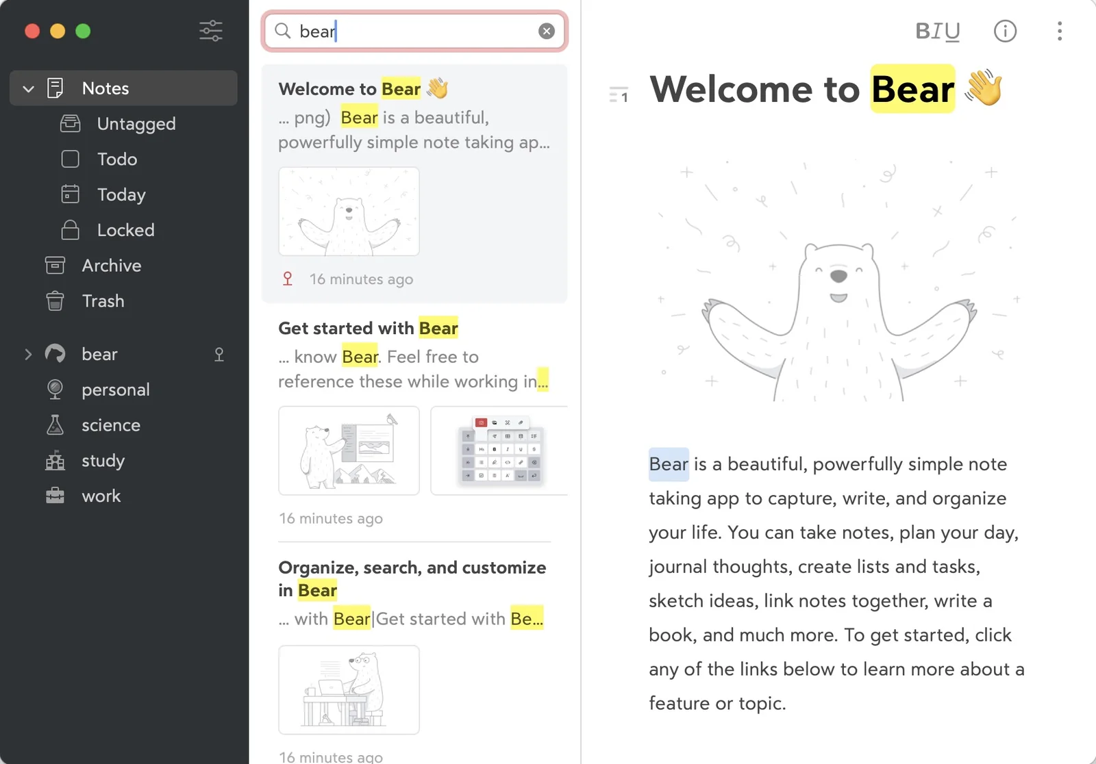 Bear on the Mac: tags such as personal, science, study and work in the sidebar, a search for bear with matches highlighted in the note list, and the Welcome to Bear note open on the right