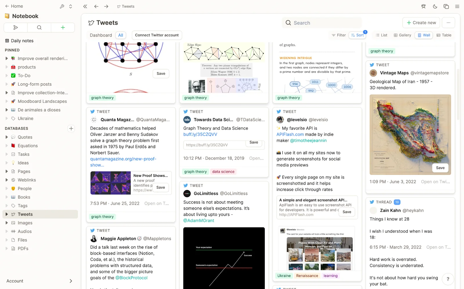 Capacities showing a Tweets collection as a wall of cards, each saved tweet with its own tags, and a sidebar listing other object types such as Quotes, Ideas, People, Books and Weblinks