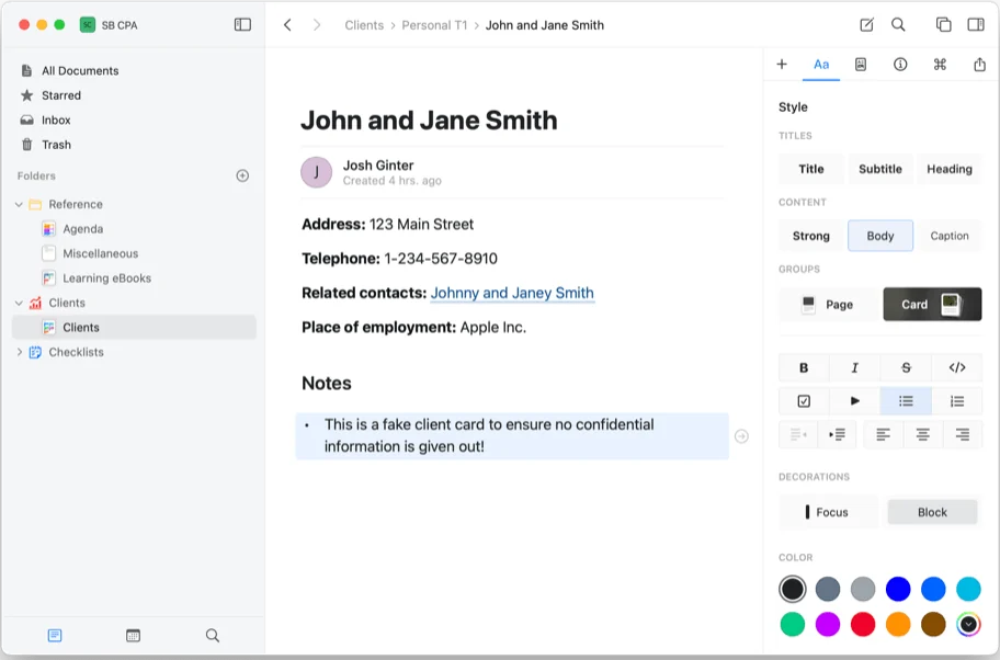 Craft on the Mac: a folder tree on the left, a client document in the middle, and a style panel on the right with options for titles, body text, page and card blocks, and colors