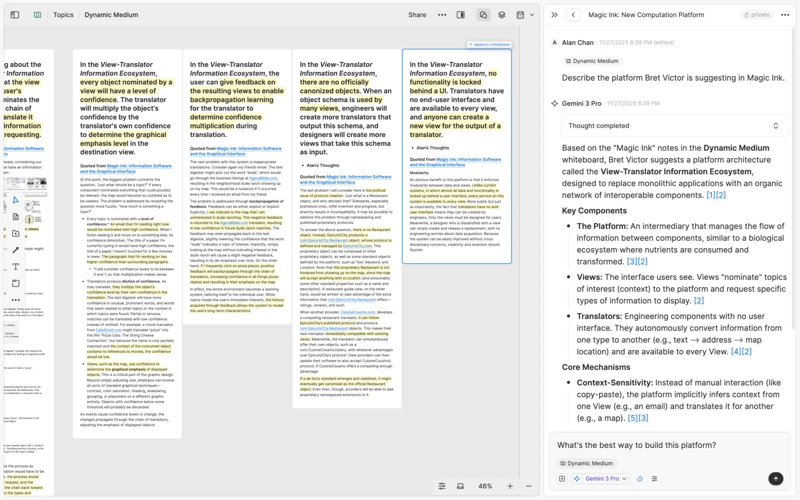 Heptabase showing a whiteboard of note cards side by side with highlighted passages quoted from a source, and an AI chat panel on the right answering a question from the notes on that whiteboard