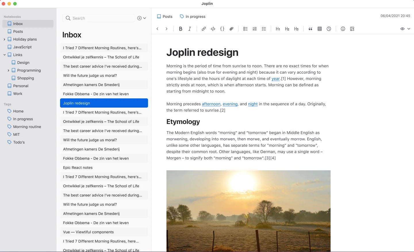 Joplin on the Mac: notebooks and sub-notebooks with tags below them on the left, a note list in the middle, and a note on the right with a formatting toolbar, headings and an embedded photo