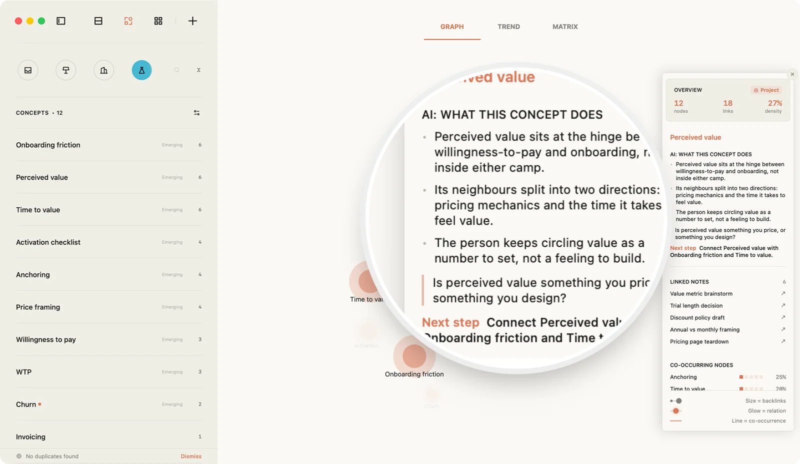 Jotaid's concept graph with the information panel open on Perceived value; a magnifier enlarges the AI reading: three short points under the heading AI: What this concept does, a question asking whether perceived value is something you price or something you design, and a next step naming two other concepts