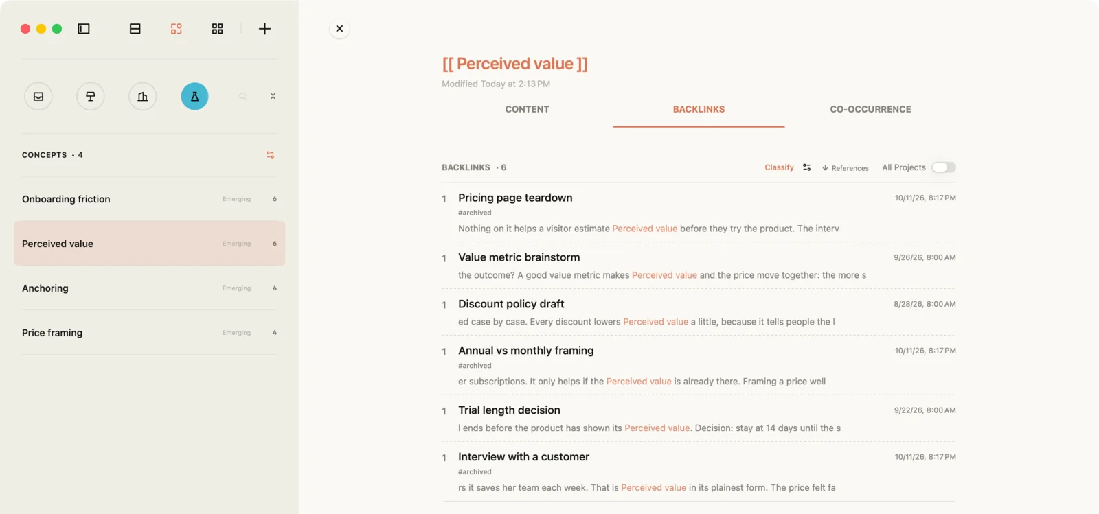 Jotaid's page for the concept Perceived value in a sample pricing project, on its Backlinks tab: six source notes with a line of text each, three of them marked with an archived tag