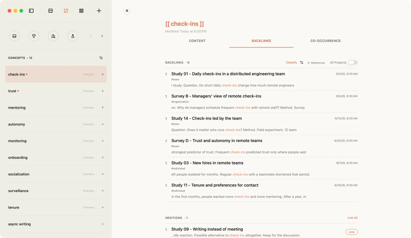 Jotaid's page for the concept check-ins in a fictional sample project, on its Backlinks tab: six source notes, each with a level tag such as team, individual or organization and a line of its text, and below them a Mentions section with one more source that names check-ins without brackets