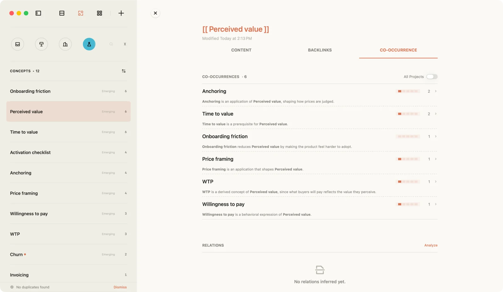Jotaid's Node view with the Perceived value concept open on its Co-occurrence tab: Anchoring and Time to value each share two notes with it, Onboarding friction one, and each row carries a one-sentence description of the relationship