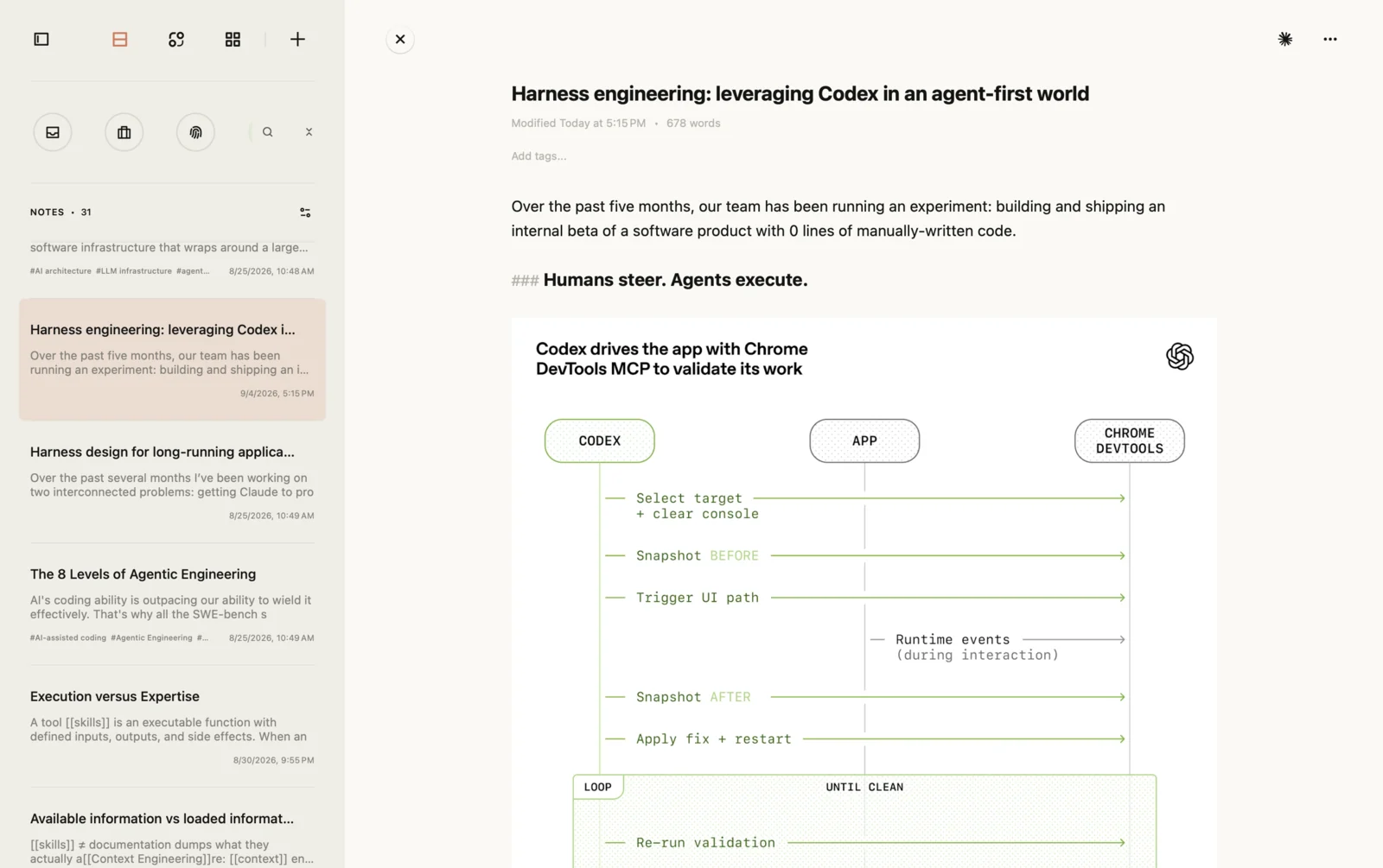 Jotaid's Note view: a list of notes on the left, and a note open on the right in the Markdown editor, with a heading that still shows its ### marks and an embedded diagram