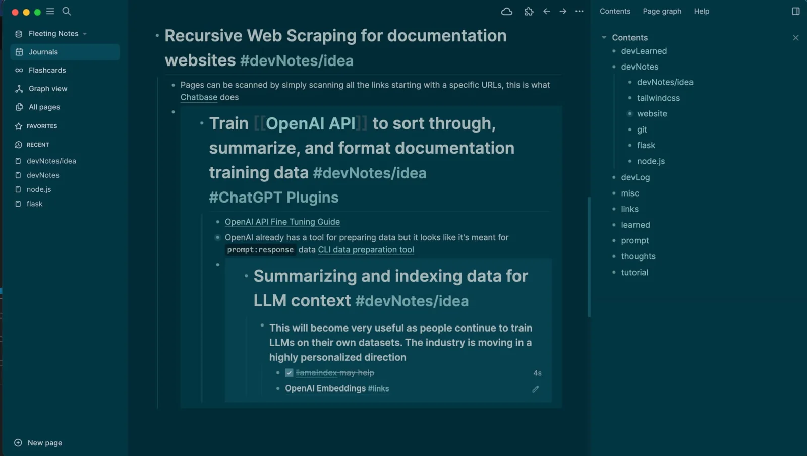 Logseq in a dark theme: a page written as nested bullet blocks with page references and hashtags inline, a sidebar with Journals, Flashcards and Graph view, and a table of contents on the right