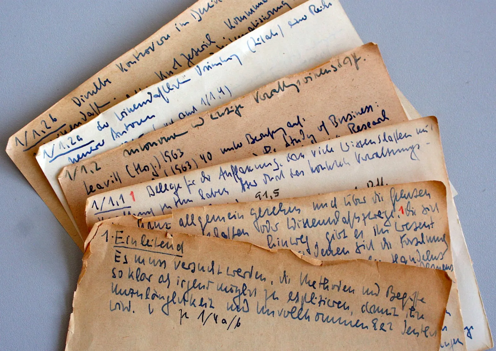 Four handwritten slips from Niklas Luhmann's Zettelkasten, numbered 1/1,1 through 1/1,2b