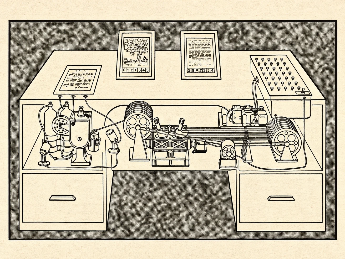 Line drawing of the memex desk from LIFE magazine, 1945: two slanting viewing screens on top showing a drawing and a page of text, a handwritten letter on a glass plate at left, a bank of buttons at right, and microfilm reels and machinery inside the desk