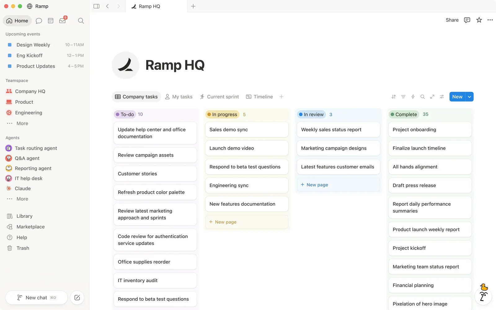 Notion showing a team workspace page with a task database displayed as a board grouped into To-do, In progress, In review and Complete, and a sidebar listing teamspaces and agents