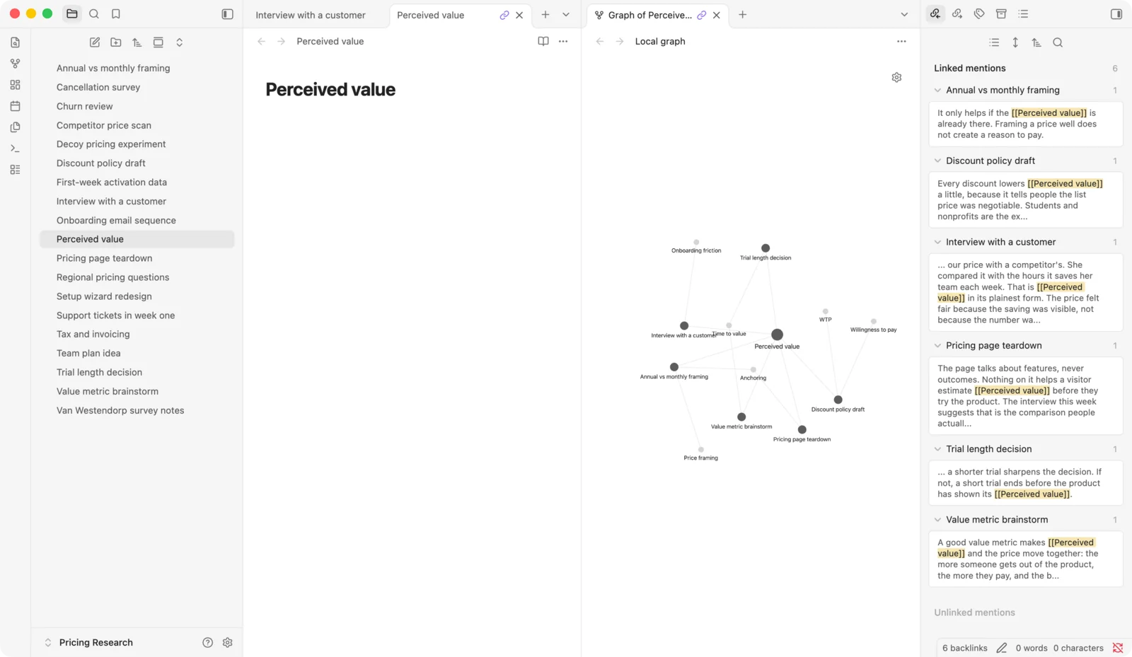 Obsidian with the sample notes open: an empty note called Perceived value, a local graph around it, and the Backlinks panel listing six linked mentions, each with the sentence the link appears in
