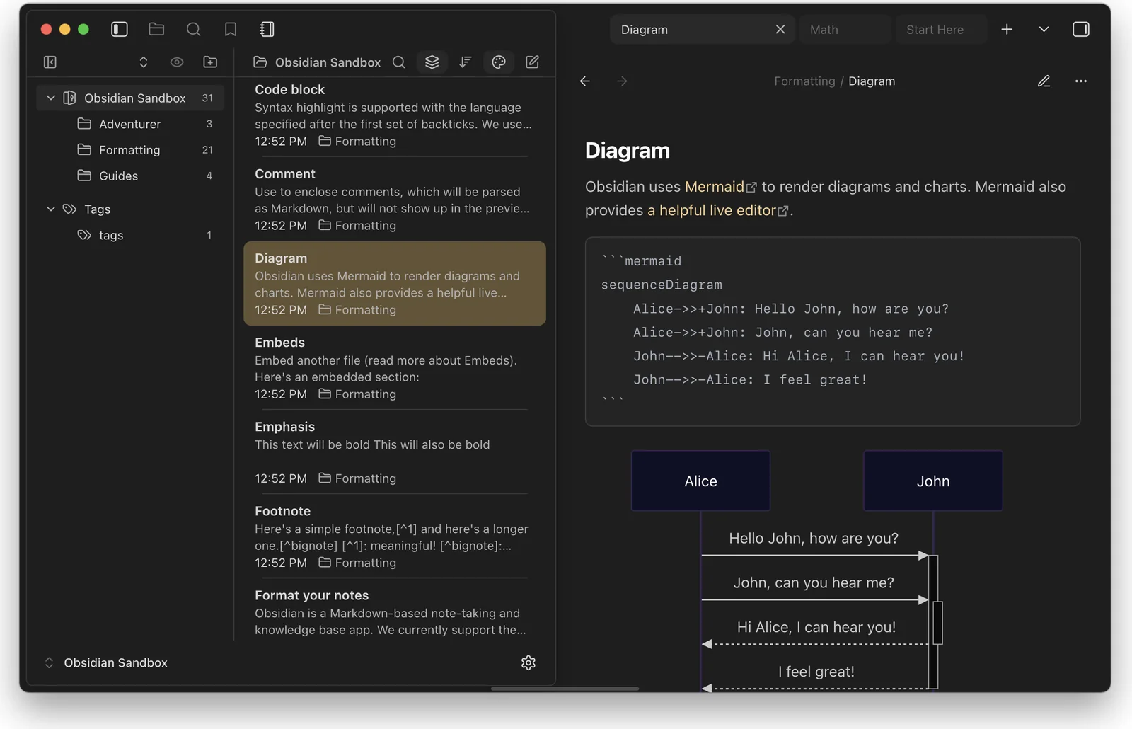 Obsidian with a vault open: a folder tree on the left, a list of notes in the middle, and a note on the right showing Mermaid diagram code above the rendered sequence diagram