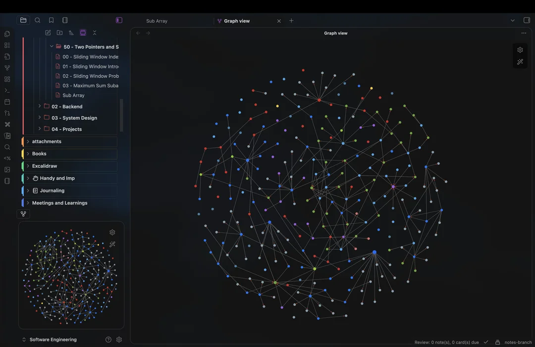 Obsidian's graph view showing several hundred notes as a dense circular mesh of dots and connecting lines