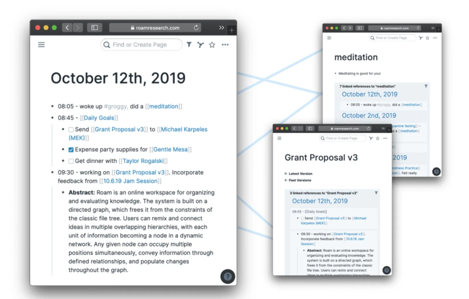 Roam Research showing a daily note containing double-bracket links, and a concept page collecting its linked references