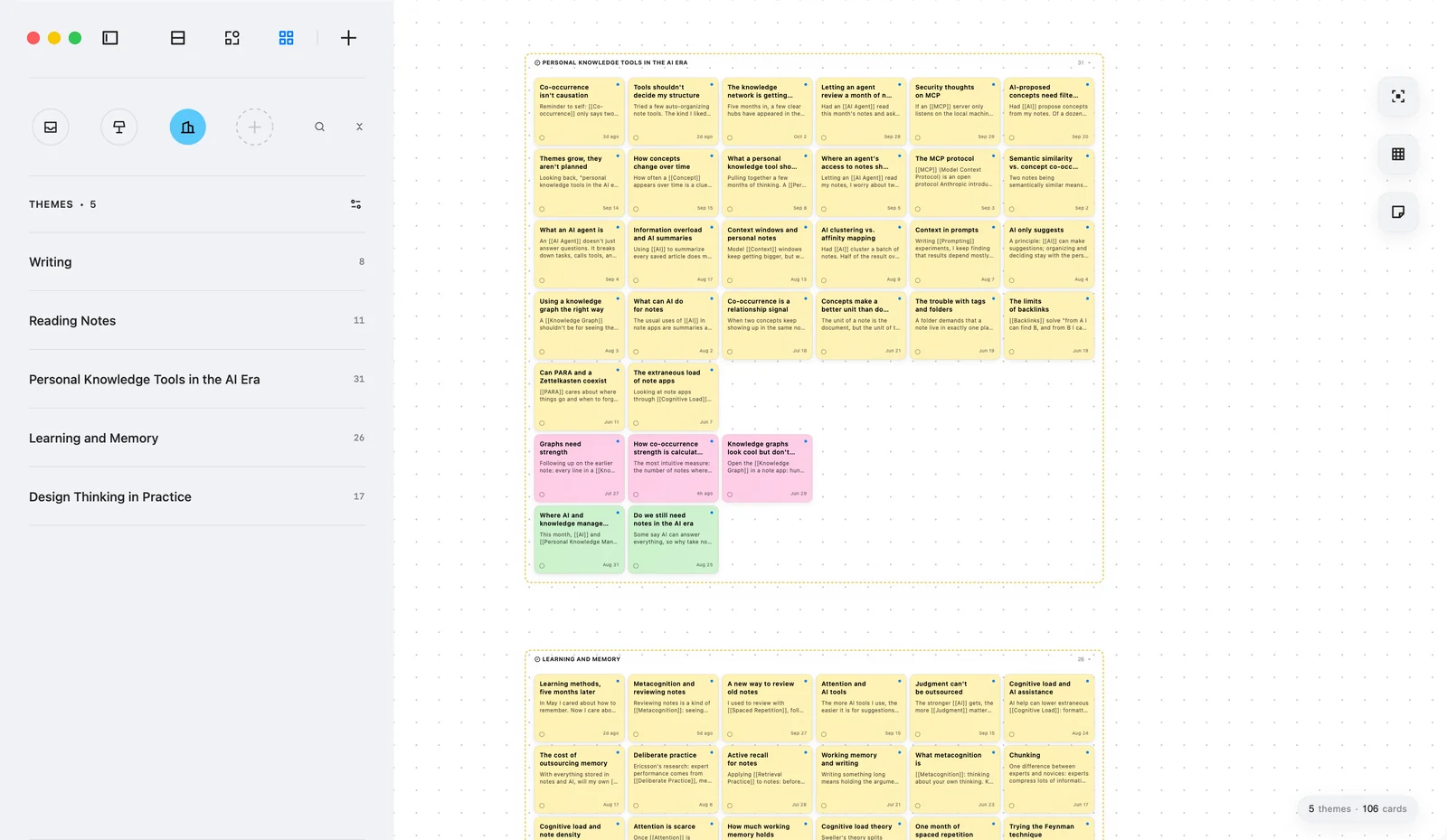 Jotaid's canvas showing the theme Personal Knowledge Tools in the AI Era as a dashed border around 31 note cards, with the theme Learning and Memory starting below