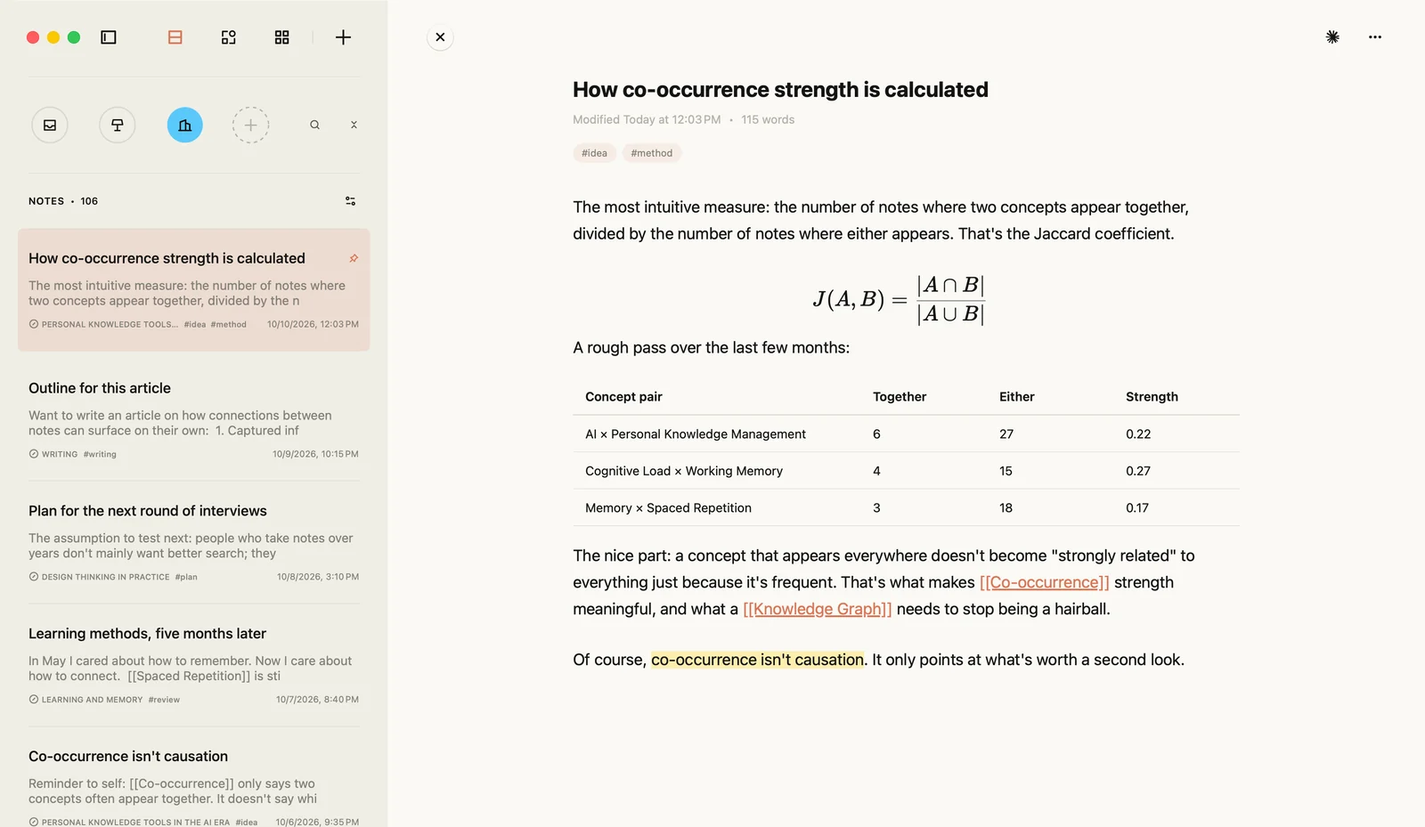 A note open in Jotaid's Markdown editor on the Mac, containing a LaTeX formula, a table of concept pairs, two [[wiki links]] and a highlighted phrase