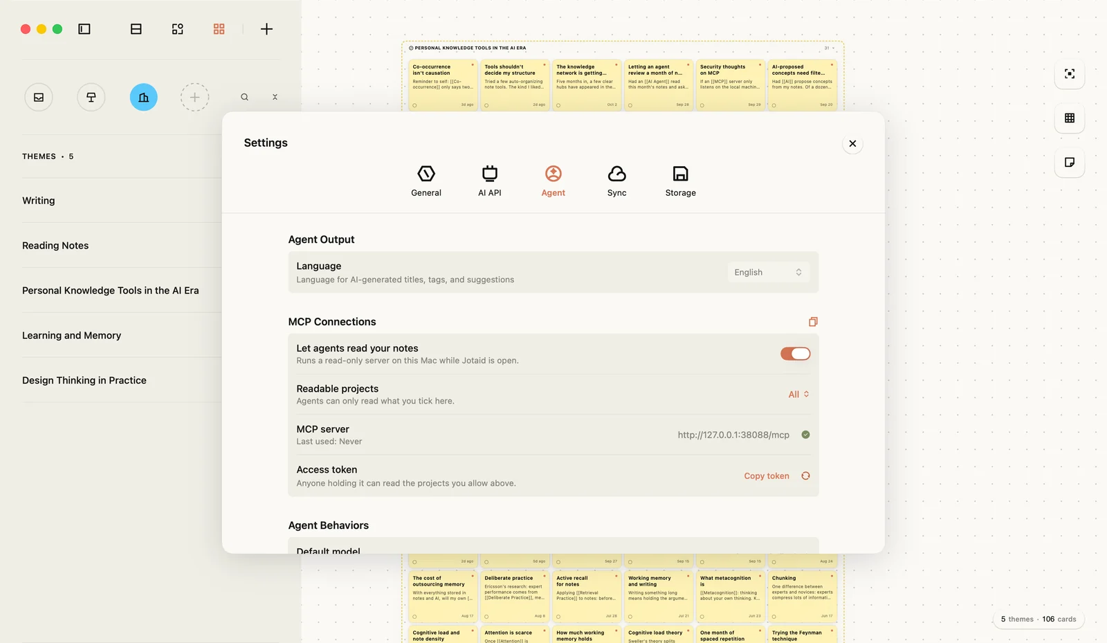 Jotaid's Settings, Agent tab, showing MCP Connections: the switch to let agents read your notes, the Readable projects picker, the local MCP server address and the access token