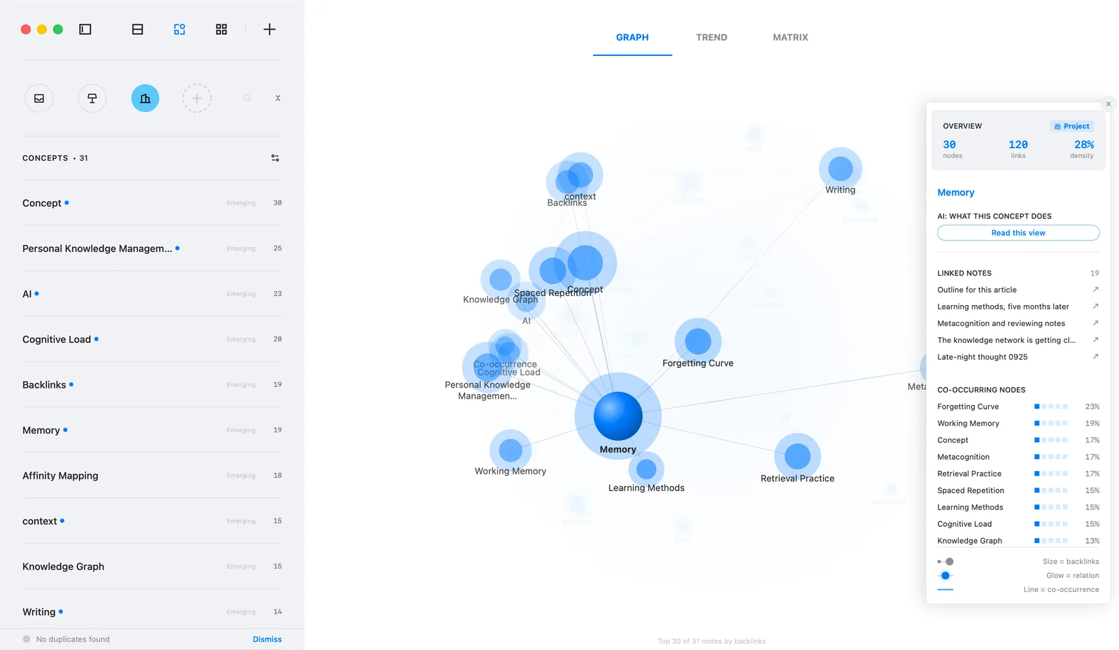 Jotaid's Node mode graph centered on the concept Memory, with an info panel listing its 19 linked notes and the concepts it most often co-occurs with