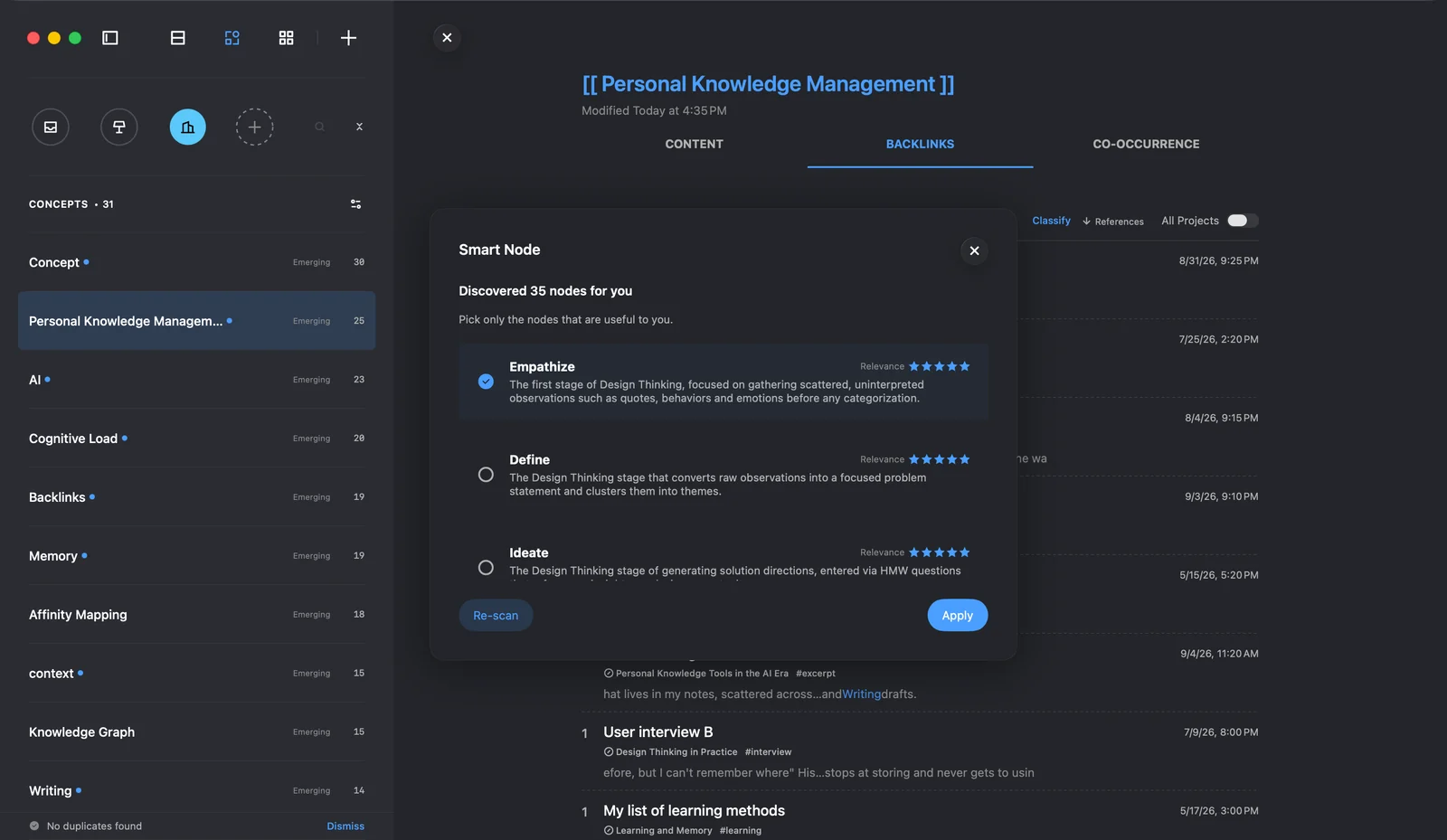 Jotaid's Smart Node results dialog reporting 35 discovered nodes, each with a one-line definition and a relevance rating, with only Empathize ticked and an Apply button