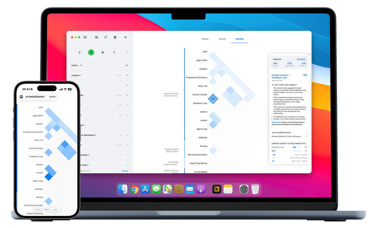 Jotaid co-occurrence matrix of linked concepts, with an AI explanation of why two concepts connect, on macOS and iOS