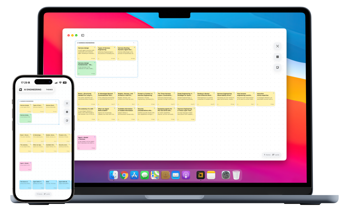 Jotaid canvas arranging notes as coloured cards grouped into themes, on macOS and iOS