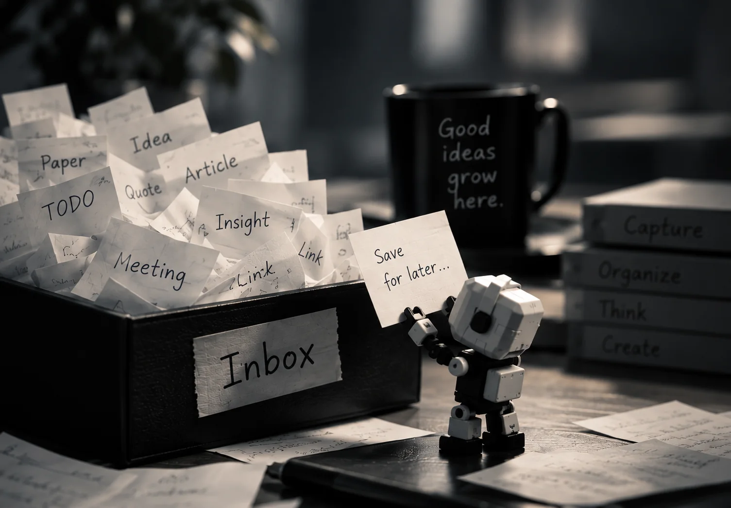 Illustration: a small robot holding a “Save for later” card beside an overflowing Inbox box of paper notes