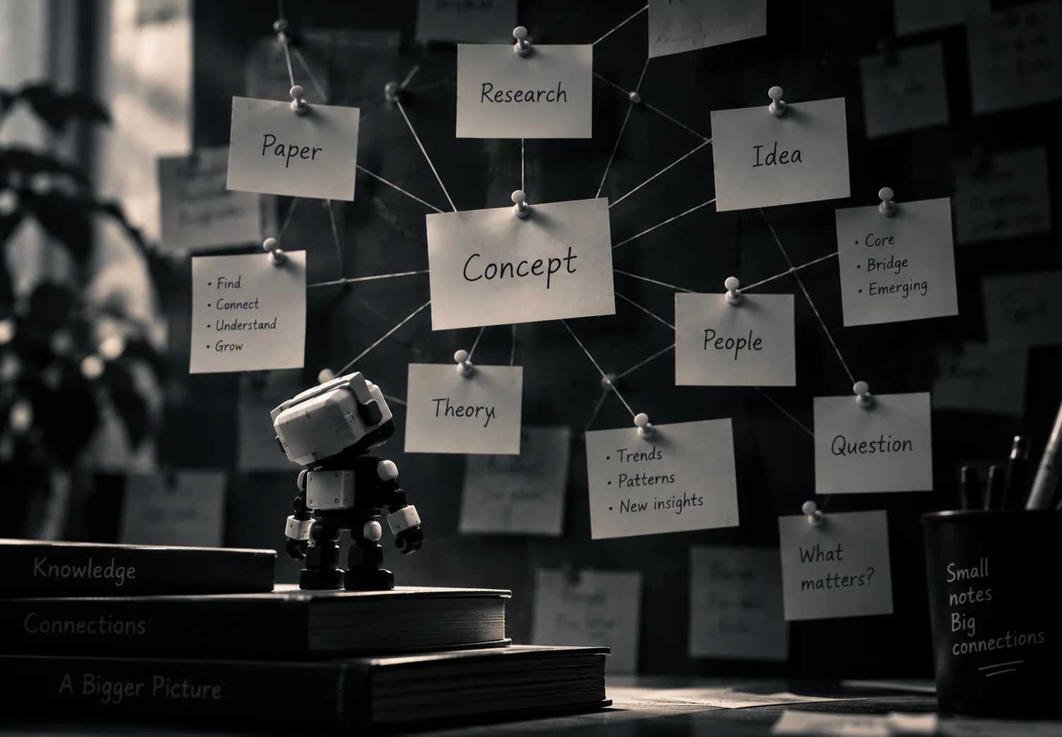 Illustration: a small robot looking up at a wall of pinned notes, linked by string around a central “Concept” card