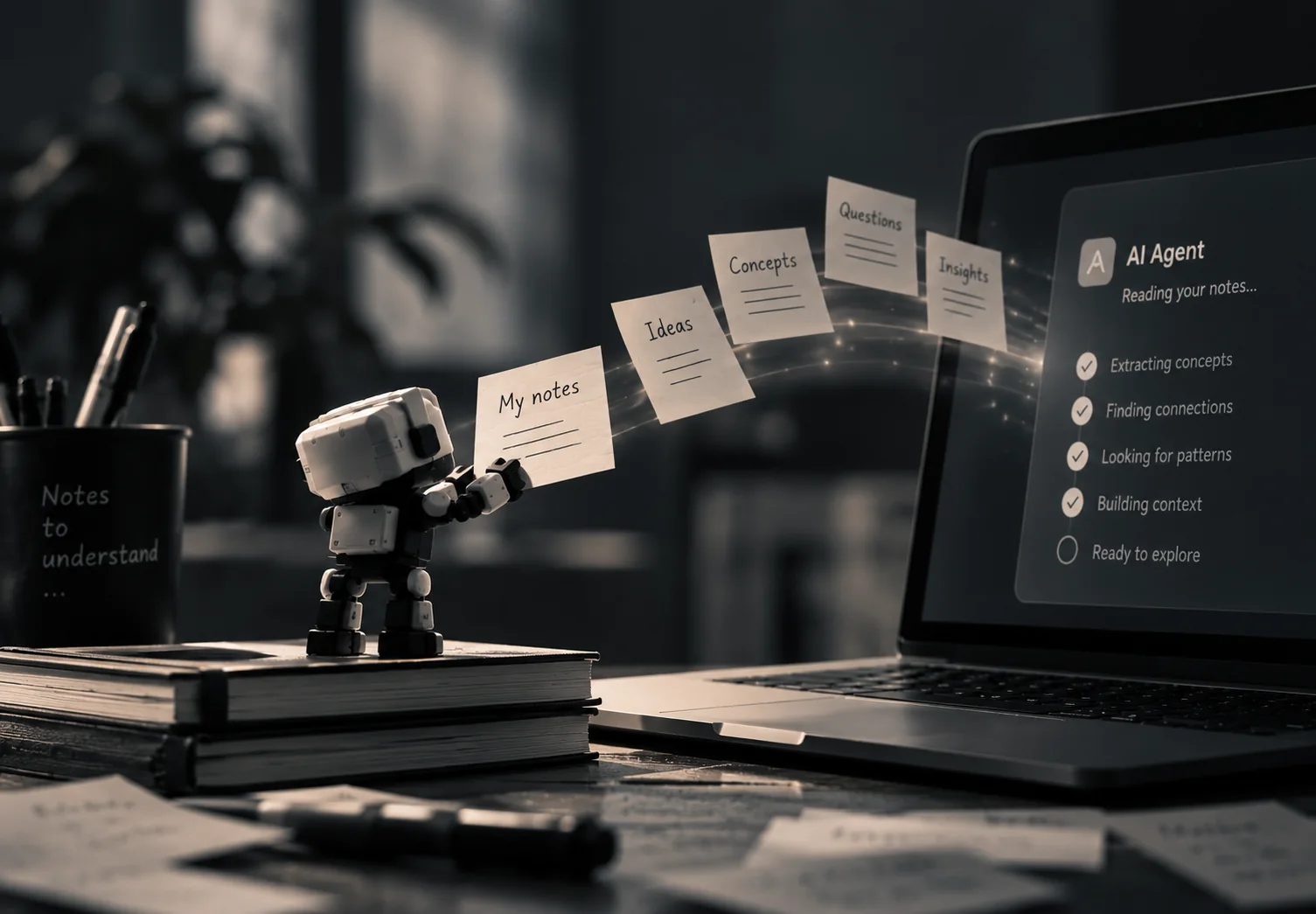 Illustration: a small robot handing cards labelled My notes, Ideas, Concepts, Questions and Insights to an AI agent on a laptop screen